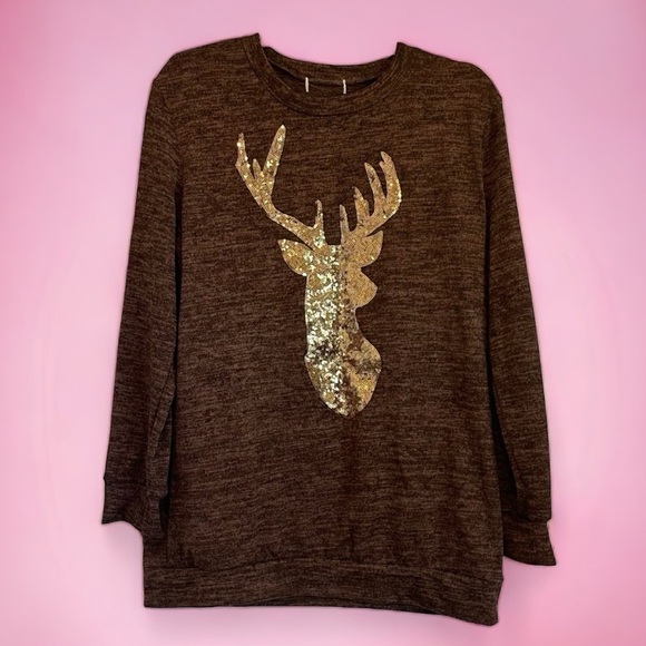 Sweaters - Adorable sequin deer sweatshirt / sweater - soft, fully lined, size XL